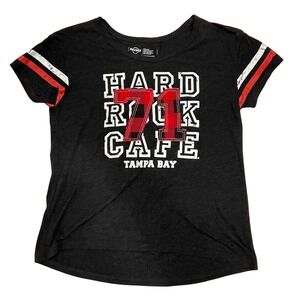 Hard Rock Cafe Tampa Bay Graphic Tee Red White Stripes Black Women's Size Medium